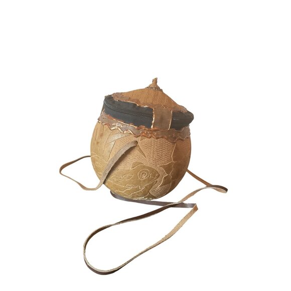 Handcrafted Leather Covered Gourd Purse With Zipper Closure & Leather Strap - Picture 2 of 5